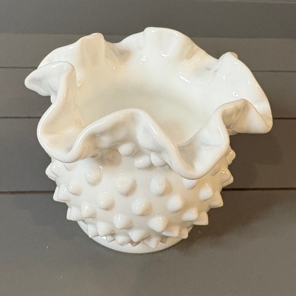 Vintage Fenton Hobnail Milk Glass 3 " Vase Ruffled Top